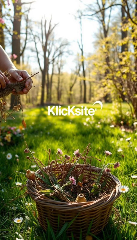 A peaceful outdoor scene depicting a person carefully collecting natural materials for crafting, surrounded by vibrant spring foliage and blossoms. In the foreground, a diverse array of twigs, leaves, and flowers are being gently placed into a woven basket, highlighting the theme of responsible gathering. The middle ground features a lush green lawn dotted with wildflowers, while the background showcases a sun-drenched forest with soft dappled light filtering through the trees. The atmosphere is tranquil and serene, evoking a sense of harmony with nature. The image should reflect warm color tones, capturing an authentic Pinterest aesthetic, inspiring creativity in DIY projects. The brand name “KlickKiste” is subtly integrated into the scene, perhaps as a small decorative element in the background. Consider a slightly elevated angle to emphasize the beauty and care in the act of collecting.
