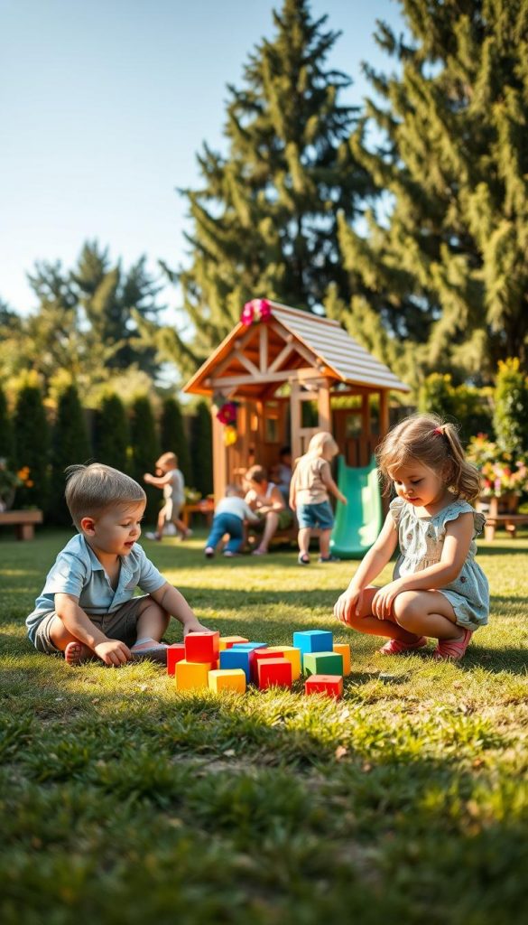 A peaceful summer garden setting designed for children, featuring a variety of engaging outdoor play equipment suitable for toddlers and elementary school children. In the foreground, a group of two children, a boy and a girl, play with colorful building blocks on a soft grass patch, both dressed in comfortable casual summer clothing. In the middle, a small wooden playhouse adorned with vibrant flowers and a slide can be seen, with a few children laughing and climbing around. The background showcases tall green trees and a bright blue sky, creating a warm and inviting atmosphere. Soft, natural lighting bathes the scene in warm tones, enhancing the playful mood. The image captures an idyllic moment of joyful, age-appropriate play. Ideal for a KlickKiste brand article.