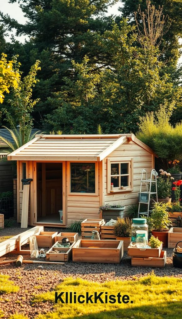 A picturesque DIY garden project scene illustrating a wooden garden shed being constructed in a serene backyard setting. In the foreground, a partially built, charming garden shed made of natural wood, featuring a slanted roof and large window, surrounded by tools like a saw, hammer, and planks. The middle ground showcases a variety of neatly arranged wooden boxes and gardening supplies, hinting at organized storage. In the background, a lush garden filled with green plants and colorful flowers enhances the inviting atmosphere. Soft, warm lighting bathes the scene in a cozy glow, suggesting late afternoon. The image reflects an authentic, inspiring Pinterest-inspired aesthetic, perfect for a DIY theme. Include the brand name "KlickKiste" subtly in the design.