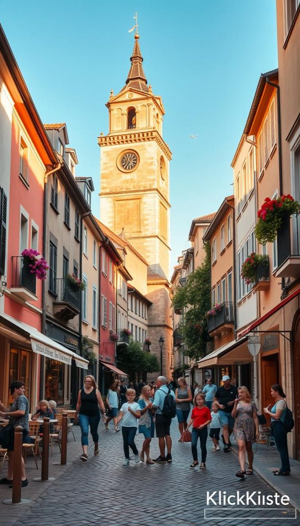 A picturesque European city scene capturing the essence of an affordable weekend getaway for families. In the foreground, a cobblestone street bustling with families enjoying ice cream; children are playing nearby. Middle ground features charming, colorful buildings with quaint balconies adorned with flowers, evoking a warm, inviting atmosphere. In the background, a historic clock tower stands tall under a clear blue sky, with soft sunlight casting gentle shadows. The lighting is warm and golden, reminiscent of late afternoon. The image embodies a Pinterest aesthetic, with a natural look and vibrant colors, inspiring wanderlust and adventure. Include a subtle watermark of "KlickKiste" in the corner, maintaining an unobtrusive presence.