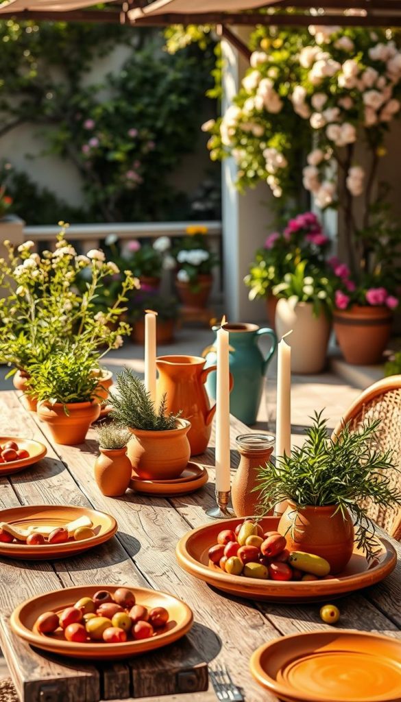 A picturesque Mediterranean table setting inspired by "La Dolce Vita," showcasing warm terracotta accents. In the foreground, a rustic wooden table adorned with artisanal terracotta plates, vibrant olives, and fresh herbs in stylish pots. The middle ground features elegant, light linen tablecloths and colorful ceramic pitchers filled with refreshing drinks, complemented by flickering candles. In the background, lush greenery and delicate flowering plants evoke a tranquil outdoor terrace, basking in golden sunlight. The atmosphere is warm and inviting, perfect for a summer gathering. Shot from a slightly elevated angle to capture the entire tableau in natural lighting, ensuring soft shadows and a cozy ambiance. This design presents an authentic and inspiring DIY aesthetic, ideal for the brand "KlickKiste." A picturesque Mediterranean table setting inspired by "La Dolce Vita," showcasing warm terracotta accents. In the foreground, a rustic wooden table adorned with artisanal terracotta plates, vibrant olives, and fresh herbs in stylish pots. The middle ground features elegant, light linen tablecloths and colorful ceramic pitchers filled with refreshing drinks, complemented by flickering candles. In the background, lush greenery and delicate flowering plants evoke a tranquil outdoor terrace, basking in golden sunlight. The atmosphere is warm and inviting, perfect for a summer gathering. Shot from a slightly elevated angle to capture the entire tableau in natural lighting, ensuring soft shadows and a cozy ambiance. This design presents an authentic and inspiring DIY aesthetic, ideal for the brand "KlickKiste."