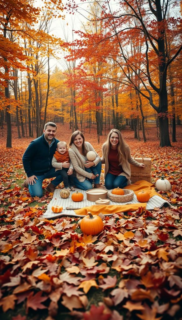 A picturesque autumn family photo session inspired by "KlickKiste." In the foreground, a cheerful family of four dressed in modest, casual autumn attire, smiling and interacting playfully among vibrant fallen leaves. The middle ground features a cozy picnic setup with warm-colored blankets and pumpkins scattered around. The background reveals a serene forest with trees adorned in a tapestry of red, orange, and yellow foliage. Soft, golden sunlight filters through the branches, creating a warm, inviting atmosphere. The perspective captures a slightly elevated angle, enhancing the intimate, candid feel of the scene. Overall, the mood is joyful and inspiring, evoking a sense of togetherness and the beauty of autumn.