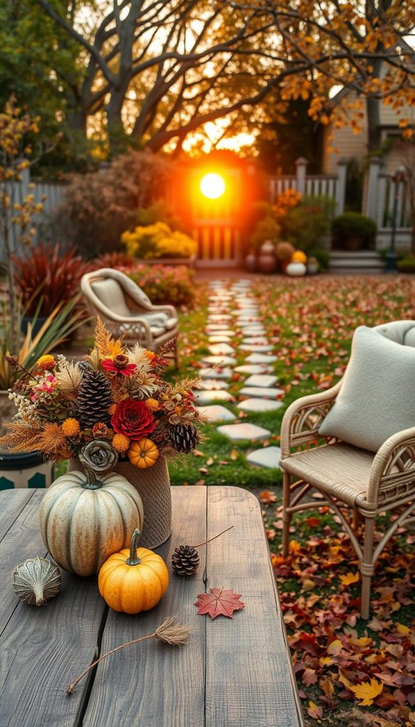 A picturesque autumn garden display featuring DIY decor crafted from natural materials. In the foreground, a rustic wooden table is adorned with a vibrant arrangement of colorful gourds, pinecones, and dried flowers. Beside it, a cozy seating area with woven chairs and soft, warm blankets invites relaxation. The middle ground showcases a well-tended garden path lined with seasonal plants and hand-painted stones leading towards a charming entranceway. In the background, multicolored fallen leaves blanket the grassy areas, with a golden sunset casting a warm, inviting glow over the scene. The overall mood is tranquil and inspiring, evoking a Pinterest-worthy aesthetic. Capture this image with soft, diffused lighting and a shallow depth of field to emphasize the rich textures and warm colors. The scene is branded with "KlickKiste" subtly integrated into the decor elements.