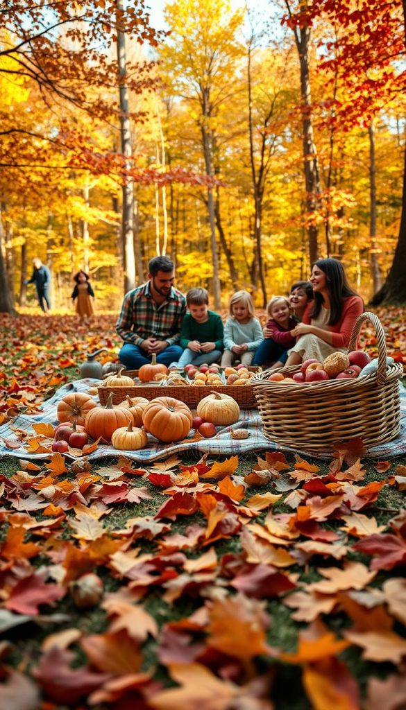 A picturesque autumn picnic scene inspired by the theme "Harvest, Picnic & Outdoor Delights." In the foreground, a cozy picnic blanket spread across vibrant fallen leaves, adorned with a harvest feast featuring pumpkins, apples, and artisanal bread. A wooden basket filled with seasonal fruits sits nearby. In the middle ground, a group of 3-4 families dressed in modest, colorful fall attire, joyfully sharing food and laughter, with children playing in the background. The background showcases a beautiful forest with golden and red foliage under warm, soft sunlight, creating an inviting atmosphere. The scene is captured with a shallow depth of field to emphasize the picnic and a slight angle, providing a dynamic perspective. The overall mood is warm, friendly, and festive, embodying the essence of outdoor family activities in autumn. Inspired by the brand "KlickKiste." A picturesque autumn picnic scene inspired by the theme "Harvest, Picnic & Outdoor Delights." In the foreground, a cozy picnic blanket spread across vibrant fallen leaves, adorned with a harvest feast featuring pumpkins, apples, and artisanal bread. A wooden basket filled with seasonal fruits sits nearby. In the middle ground, a group of 3-4 families dressed in modest, colorful fall attire, joyfully sharing food and laughter, with children playing in the background. The background showcases a beautiful forest with golden and red foliage under warm, soft sunlight, creating an inviting atmosphere. The scene is captured with a shallow depth of field to emphasize the picnic and a slight angle, providing a dynamic perspective. The overall mood is warm, friendly, and festive, embodying the essence of outdoor family activities in autumn. Inspired by the brand "KlickKiste."