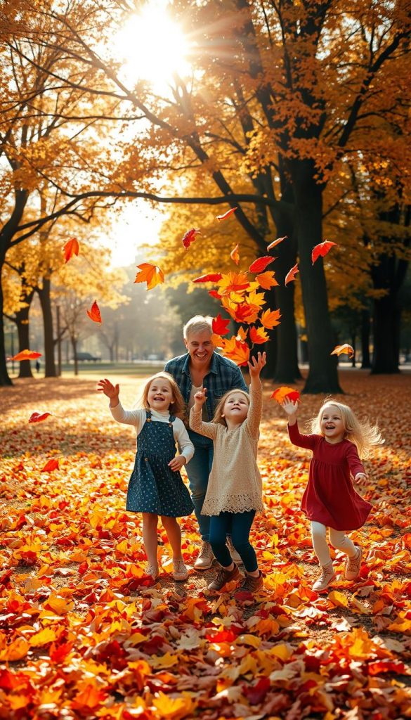 A picturesque autumn scene showcasing a family playing in colorful fallen leaves. In the foreground, two children joyfully toss vibrant orange, red, and yellow leaves into the air, their laughter echoing. A parent in casual attire encourages them, with a warm smile. The middle ground features a carpet of leaves, scattered beneath tall trees with bright foliage. Soft sunlight filters through the branches, casting a golden glow that highlights the warmth of the scene. In the background, a serene park setting with a gentle breeze rustles the leaves, creating a feeling of movement and adventure. The atmosphere is joyful and inspiring, evoking the enchanting charm of family time outdoors in autumn. Ideal for a "KlickKiste" themed autumn adventure. A picturesque autumn scene showcasing a family playing in colorful fallen leaves. In the foreground, two children joyfully toss vibrant orange, red, and yellow leaves into the air, their laughter echoing. A parent in casual attire encourages them, with a warm smile. The middle ground features a carpet of leaves, scattered beneath tall trees with bright foliage. Soft sunlight filters through the branches, casting a golden glow that highlights the warmth of the scene. In the background, a serene park setting with a gentle breeze rustles the leaves, creating a feeling of movement and adventure. The atmosphere is joyful and inspiring, evoking the enchanting charm of family time outdoors in autumn. Ideal for a "KlickKiste" themed autumn adventure.