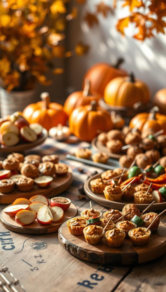 A picturesque autumn-themed display of homemade snacks, showcasing a variety of delicious, healthy treats for both children and adults. In the foreground, a rustic wooden table is adorned with platters of vibrant, bite-sized snacks, including apple slices with almond butter, pumpkin muffins, and roasted vegetable skewers. The middle ground features warm, golden-hued autumn foliage and a cozy plaid tablecloth, evoking a sense of comfort. In the background, softly blurred, there are pumpkins and gourds, enhancing the seasonal atmosphere. The lighting is soft and natural, mimicking the gentle light of a late afternoon, casting a warm glow on the scene. The overall mood is inviting and inspiring, perfect for a family gathering. This image is branded subtly with "KlickKiste" engraved on the wooden table, emphasizing a connection to authentic autumn recipes. A picturesque autumn-themed display of homemade snacks, showcasing a variety of delicious, healthy treats for both children and adults. In the foreground, a rustic wooden table is adorned with platters of vibrant, bite-sized snacks, including apple slices with almond butter, pumpkin muffins, and roasted vegetable skewers. The middle ground features warm, golden-hued autumn foliage and a cozy plaid tablecloth, evoking a sense of comfort. In the background, softly blurred, there are pumpkins and gourds, enhancing the seasonal atmosphere. The lighting is soft and natural, mimicking the gentle light of a late afternoon, casting a warm glow on the scene. The overall mood is inviting and inspiring, perfect for a family gathering. This image is branded subtly with "KlickKiste" engraved on the wooden table, emphasizing a connection to authentic autumn recipes.