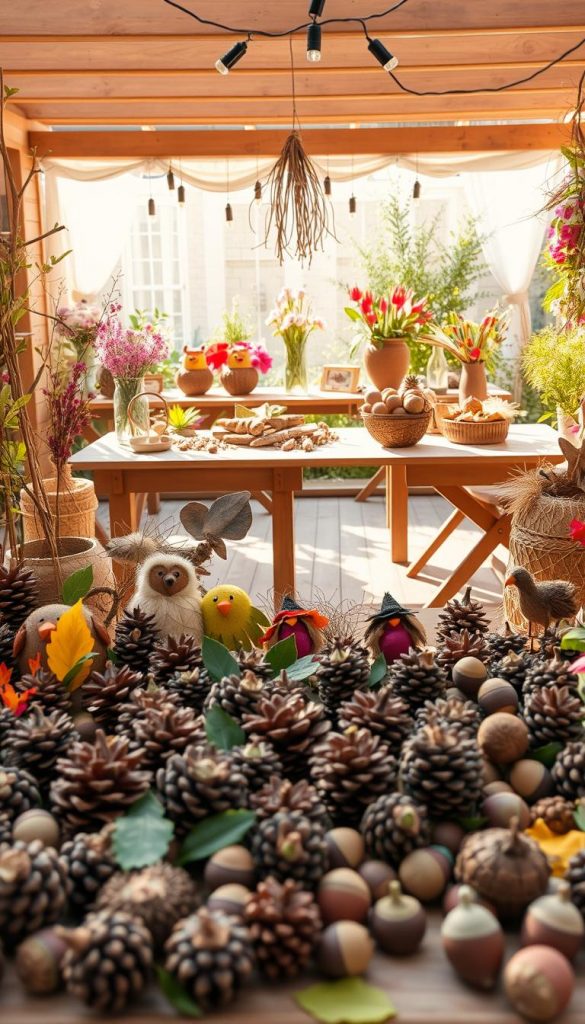 A picturesque display of spring and summer DIY crafts made from natural materials, curated by KlickKiste. In the foreground, an array of beautifully arranged crafts, such as pinecone birds, leaf garlands, and acorn characters, showcases vibrant colors and textures. The middle layer features a soft, sunlit workspace with wooden tables adorned with twigs, flowers, and organic fibers, conveying a sense of creativity and warmth. In the background, a lush garden setting with blooming flowers and greenery enhances the atmosphere of nature and inspiration. The lighting is soft and warm, reminiscent of late afternoon sun, casting gentle shadows that add depth. The overall mood is inviting and cheerful, perfect for an inspiring crafting session.