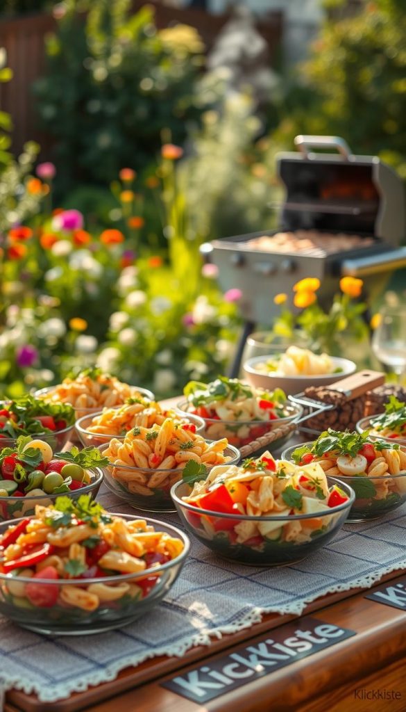 A picturesque display of vibrant grilled salads, showcasing an array of colorful ingredients like pasta salad, grilled vegetables, and fresh greens. In the foreground, a wooden picnic table adorned with a rustic tablecloth holds neatly arranged bowls of salads, each garnished artfully with herbs. The middle ground features a sunny garden setting with lush greenery and blooming flowers, creating a warm, inviting atmosphere. In the background, a softly blurred barbecue grill emits gentle smoke, adding to the summer vibes. The warm, golden lighting enhances the natural colors, capturing the freshness and appeal of the dishes. The overall mood is authentic and inspiring, perfect for food lovers and summer gatherings, showcasing the brand name “KlickKiste” subtly integrated into the scene. A picturesque display of vibrant grilled salads, showcasing an array of colorful ingredients like pasta salad, grilled vegetables, and fresh greens. In the foreground, a wooden picnic table adorned with a rustic tablecloth holds neatly arranged bowls of salads, each garnished artfully with herbs. The middle ground features a sunny garden setting with lush greenery and blooming flowers, creating a warm, inviting atmosphere. In the background, a softly blurred barbecue grill emits gentle smoke, adding to the summer vibes. The warm, golden lighting enhances the natural colors, capturing the freshness and appeal of the dishes. The overall mood is authentic and inspiring, perfect for food lovers and summer gatherings, showcasing the brand name “KlickKiste” subtly integrated into the scene.