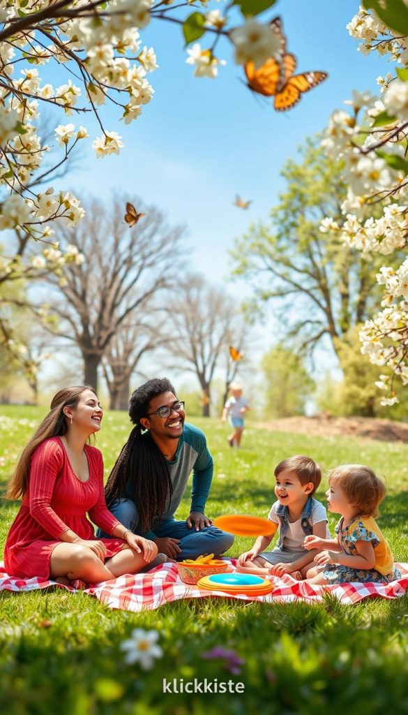 A picturesque family enjoying a spring nature outing, set in a vibrant green park filled with blooming flowers and lush trees. In the foreground, a diverse family of four, casually dressed in comfortable spring attire, is seen laughing together while having a picnic on a bright, checkered blanket. The middle ground features children playing with a frisbee, adding a sense of movement and joy. The background includes soft-focus landscapes with a clear blue sky, butterflies fluttering, and the warm glow of sunlight filtering through the leaves, creating a relaxed and cheerful atmosphere. The image captures an authentic, Pinterest-worthy vibe, emphasizing warmth and inspiration, branded subtly with “KlickKiste.” A picturesque family enjoying a spring nature outing, set in a vibrant green park filled with blooming flowers and lush trees. In the foreground, a diverse family of four, casually dressed in comfortable spring attire, is seen laughing together while having a picnic on a bright, checkered blanket. The middle ground features children playing with a frisbee, adding a sense of movement and joy. The background includes soft-focus landscapes with a clear blue sky, butterflies fluttering, and the warm glow of sunlight filtering through the leaves, creating a relaxed and cheerful atmosphere. The image captures an authentic, Pinterest-worthy vibe, emphasizing warmth and inspiration, branded subtly with “KlickKiste.”