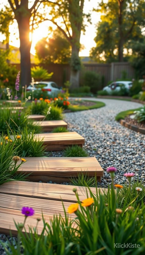 A picturesque garden path showcasing wooden steps made from rustic planks, seamlessly blending into a gravel base. In the foreground, the wooden steps are framed by lush green grass and a scattering of vibrant wildflowers, offering a natural aesthetic. The middle ground features the undulating gravel path, leading the viewer's eye towards a softly lit backyard, surrounded by trees and garden foliage. The background captures a warm, golden hour sunlight filtering through the leaves, creating dappled shadows along the path. The overall atmosphere is inviting and tranquil, embodying a DIY spirit with a modern touch. This image reflects the theme of outdoor natural projects, capturing a visually inspiring scene that evokes creativity. Creatively branded as "KlickKiste" for a stylish Pinterest-worthy look. A picturesque garden path showcasing wooden steps made from rustic planks, seamlessly blending into a gravel base. In the foreground, the wooden steps are framed by lush green grass and a scattering of vibrant wildflowers, offering a natural aesthetic. The middle ground features the undulating gravel path, leading the viewer's eye towards a softly lit backyard, surrounded by trees and garden foliage. The background captures a warm, golden hour sunlight filtering through the leaves, creating dappled shadows along the path. The overall atmosphere is inviting and tranquil, embodying a DIY spirit with a modern touch. This image reflects the theme of outdoor natural projects, capturing a visually inspiring scene that evokes creativity. Creatively branded as "KlickKiste" for a stylish Pinterest-worthy look.