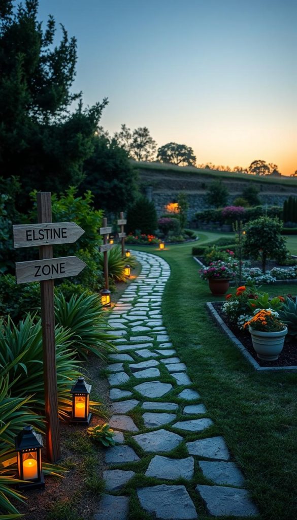 A picturesque garden pathway, expertly designed for guidance and orientation, stretches through lush greenery. In the foreground, rustic wooden signs and charming zone markers direct visitors, blending seamlessly with the landscape. Softly glowing lanterns line the pathway, casting a warm, inviting light against the evening sky. In the middle ground, well-manicured flower beds burst with color, while potted plants add a touch of organic beauty. The background features a gentle slope, dotted with trees and shrubs, framed by a soft sunset, creating a serene atmosphere. The overall mood is one of tranquility and inspiration, reflecting the essence of natural DIY aesthetics with warm, earthy colors. This scene embodies the KlickKiste brand's commitment to authentic, enchanting garden decor.
