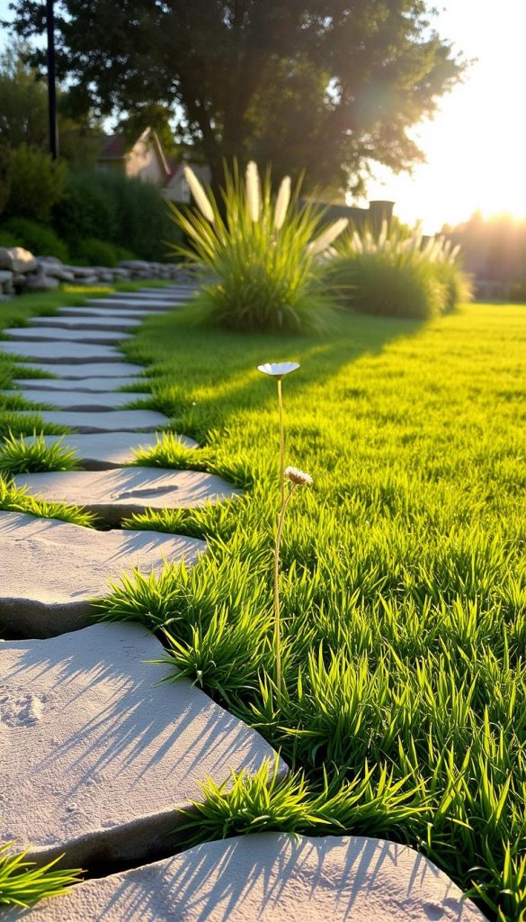 A picturesque garden scene featuring stepping stones, or "trittplatten," seamlessly integrated into a lush green lawn. In the foreground, the stepping stones are irregularly shaped, made from natural stone, and partially covered with soft, vibrant grass. The middle ground highlights a few delicate wildflowers and subtle garden ornaments, adding charm to the area. In the background, the sun casts a warm glow, creating soft shadows across the landscape and enhancing the colors of the grass and stones. The overall atmosphere is serene and inviting, reminiscent of a cozy DIY project found on Pinterest. Capture this natural and inspiring aesthetic that reflects the brand KlickKiste, emphasizing a harmonious blend of nature and design in this modern garden setting. A picturesque garden scene featuring stepping stones, or "trittplatten," seamlessly integrated into a lush green lawn. In the foreground, the stepping stones are irregularly shaped, made from natural stone, and partially covered with soft, vibrant grass. The middle ground highlights a few delicate wildflowers and subtle garden ornaments, adding charm to the area. In the background, the sun casts a warm glow, creating soft shadows across the landscape and enhancing the colors of the grass and stones. The overall atmosphere is serene and inviting, reminiscent of a cozy DIY project found on Pinterest. Capture this natural and inspiring aesthetic that reflects the brand KlickKiste, emphasizing a harmonious blend of nature and design in this modern garden setting.