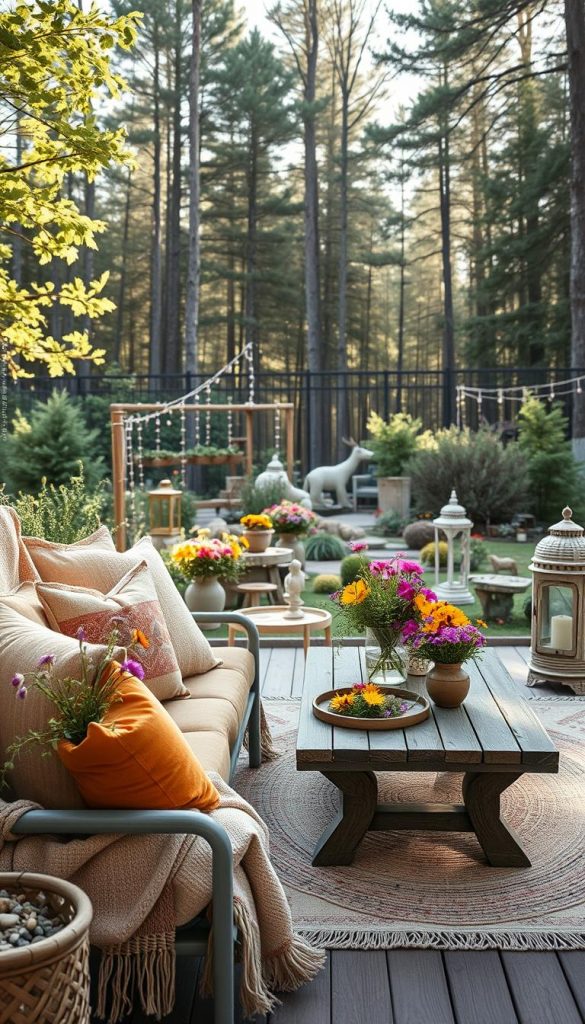 A picturesque outdoor scene capturing a "stil-mix" aesthetic for 2026, featuring elements of Scandi, Boho, Maximalism, Cozy, and Castlecore design. In the foreground, a cozy patio set with warm-hued cushions, layered textiles, and a rustic wooden table adorned with vibrant wildflowers. The middle ground showcases a lush garden with eclectic decorations, including vintage lanterns, textured rugs, and whimsical sculptures, reflecting various styles harmoniously. The background presents a tranquil forest with dappled sunlight filtering through the trees, creating a magical atmosphere. Soft, natural lighting enhances the inviting mood, while a shallow depth of field adds focus on the beautifully styled outdoor space. The composition is inspired by Pinterest aesthetics, aiming for an authentic and inspirational feel, branded as "KlickKiste."