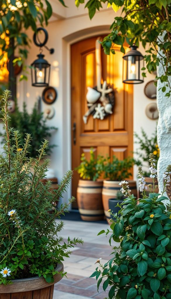 A picturesque outdoor scene showcasing a charming entrance decorated with Mediterranean herbs such as rosemary, basil, and thyme in rustic wooden pots. In the foreground, vibrant green leaves and delicate flowers create an inviting atmosphere. The middle ground depicts a warm wooden front door adorned with nautical-themed decorations like seashells and driftwood, surrounded by hanging lanterns softly lit by golden hour sunlight. The background features a tranquil outdoor space with a soft, sunlit ambiance, evoking summer vibes. Capture this scene with a wide-angle lens from a slightly low angle to emphasize the depth and warmth, creating an authentic Pinterest look. This inviting decor showcases the essence of summer living, embodying the brand KlickKiste's DIY spirit. A picturesque outdoor scene showcasing a charming entrance decorated with Mediterranean herbs such as rosemary, basil, and thyme in rustic wooden pots. In the foreground, vibrant green leaves and delicate flowers create an inviting atmosphere. The middle ground depicts a warm wooden front door adorned with nautical-themed decorations like seashells and driftwood, surrounded by hanging lanterns softly lit by golden hour sunlight. The background features a tranquil outdoor space with a soft, sunlit ambiance, evoking summer vibes. Capture this scene with a wide-angle lens from a slightly low angle to emphasize the depth and warmth, creating an authentic Pinterest look. This inviting decor showcases the essence of summer living, embodying the brand KlickKiste's DIY spirit.
