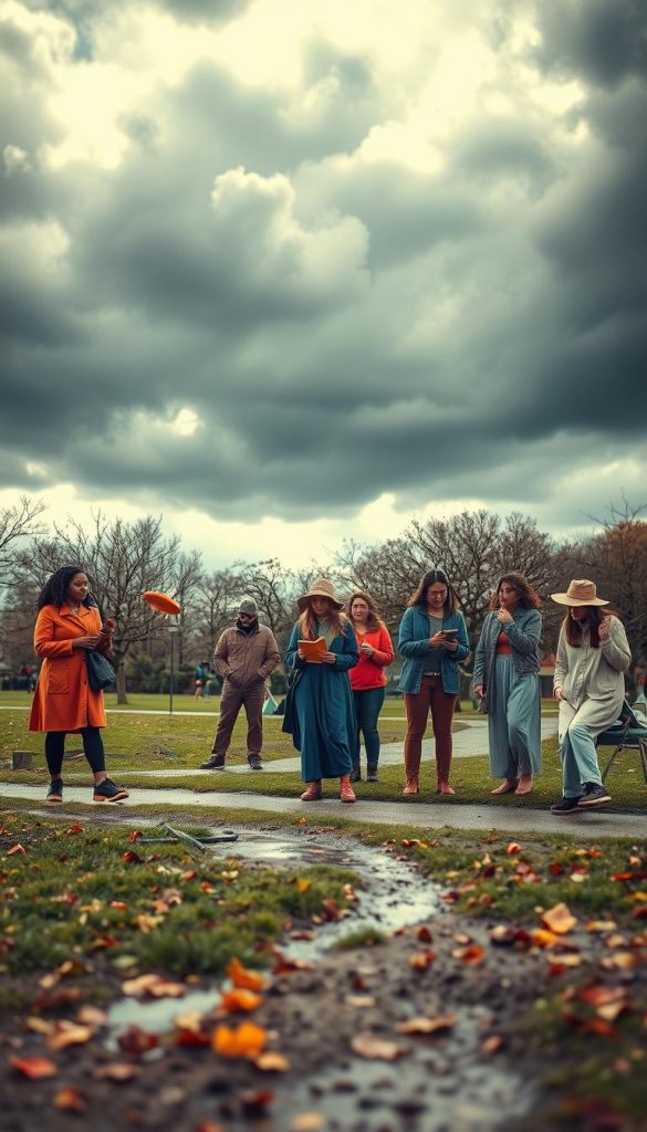 A picturesque scene capturing the essence of "bad weather" outdoors, perfect for illustrating flexible outdoor activities. In the foreground, a diverse group of individuals wearing practical, modest outdoor clothing, engaged in light-hearted activities, such as tossing a frisbee or reading under a sheltered area. In the middle, a park setting with puddles reflecting the overcast sky, scattered leaves, and soft mud where grass meets the path. The background features dark, swirling clouds with hints of sunlight breaking through, creating a dramatic sky. The color palette is warm, juxtaposing the cool tones of the weather, evoking a sense of resilience and adaptability. Apply a soft focus effect, mimicking a natural, Pinterest-inspired aesthetic. Brand logo: KlickKiste.