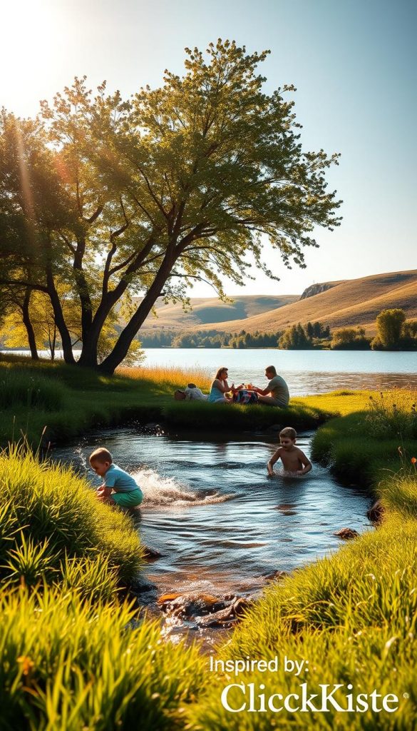 A picturesque scene depicting a serene lakeside adventure for families with young children. In the foreground, a gentle stream meanders through lush green grass, with small children splashing playfully in the water, their laughter echoing. The middle ground features a tranquil lake surrounded by vibrant trees, with a family enjoying a picnic under a colorful blanket. Soft rays of golden sunlight filter through the leaves, casting warm, inviting tones throughout the scene. In the background, rolling hills rise gently, dotted with wildflowers, enhancing the idyllic atmosphere. The overall mood is joyful and carefree, capturing the essence of family fun in nature. The image should convey a natural, warm color palette reminiscent of Pinterest aesthetics, inspired by the brand "KlickKiste."