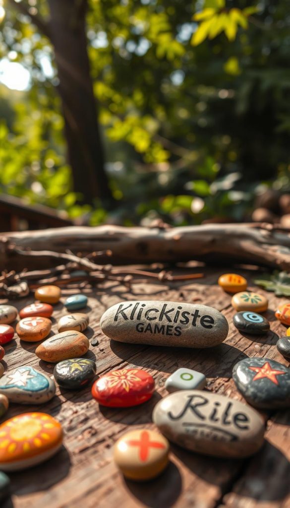 A picturesque scene featuring a beautifully laid-out selection of small stones arranged in playful patterns for DIY games. In the foreground, various stones are painted with vibrant, warm colors and symbols, evoking creativity. The middle ground showcases a rustic wooden table with additional natural materials like twigs and leaves, providing an organic feel. In the background, soft, dappled sunlight filters through green foliage, creating an inviting, peaceful atmosphere reminiscent of a forest setting. The entire composition captures a warm, inspiring vibe, highlighting the concept of natural DIY projects. The image should embody a Pinterest aesthetic, appealing to creative minds. This scene should also subtly incorporate the brand name "KlickKiste" by featuring an engraved stone, promoting an authentic and engaging experience.