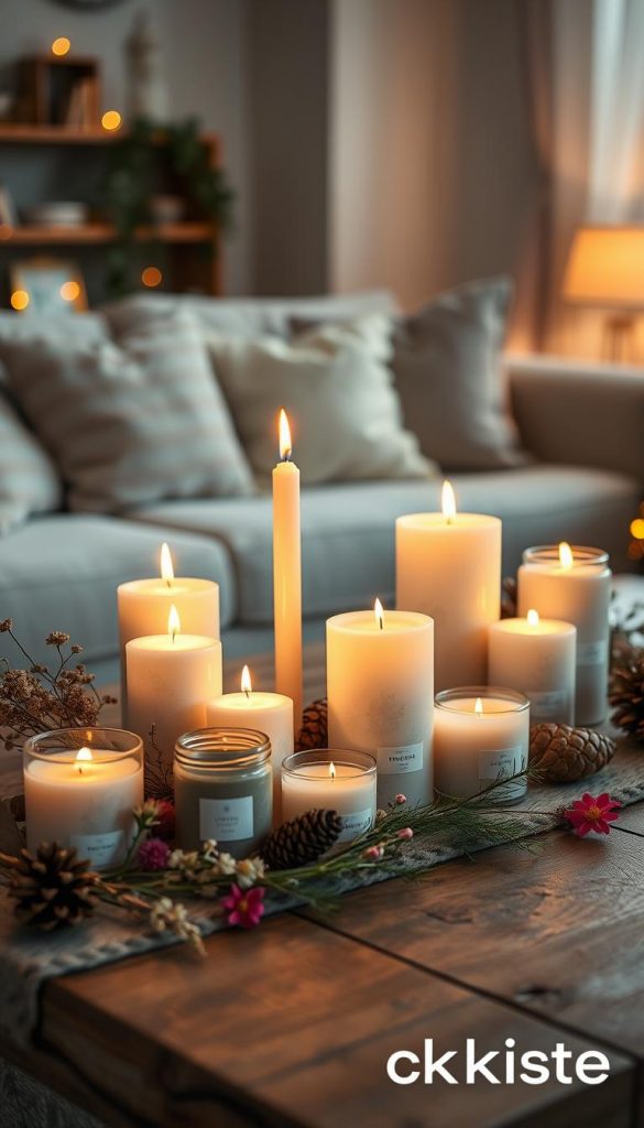 A picturesque scene featuring a collection of beautifully crafted candles in various shapes and sizes, arranged on a rustic wooden table. The candles emit a soft, warm glow, casting gentle shadows and creating an inviting atmosphere. Surrounding the candles are natural elements like dried flowers, pinecones, and sprigs of greenery, enhancing the cozy vibe. In the background, a softly blurred interior with warm, ambient lighting and a hint of a plush sofa adds to the intimate setting. The composition should reflect a Pinterest-worthy aesthetic, emphasizing authenticity and inspiration, perfect for DIY enthusiasts. Capture the essence of natural DIY with warm colors and a serene ambiance, with subtle branding for "KlickKiste" integrated seamlessly.