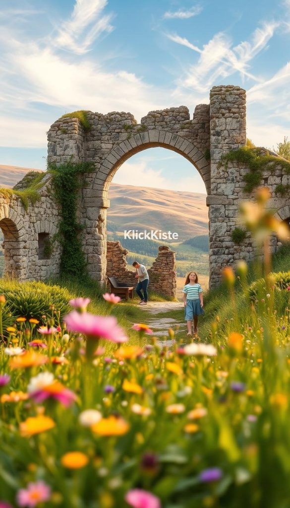 A picturesque scene of ancient castle ruins nestled in a lush green landscape, embodying the essence of history. In the foreground, wildflowers bloom vibrantly, framing the crumbling stone walls and arches of the castle, showcasing details like moss and climbing vines. In the middle ground, a family with children explores the site, dressed in modest, casual clothing, evoking a sense of curiosity and adventure. In the background, rolling hills and a soft blue sky with wispy clouds provide a serene backdrop, illuminated by warm, golden sunlight. The atmosphere is inviting and nostalgic, capturing the joy of discovery in outdoor history. The image has a natural, Pinterest-inspired aesthetic, reflecting authenticity and inspiration. Brand name &ldquo;KlickKiste&rdquo; subtly integrated within the scene.