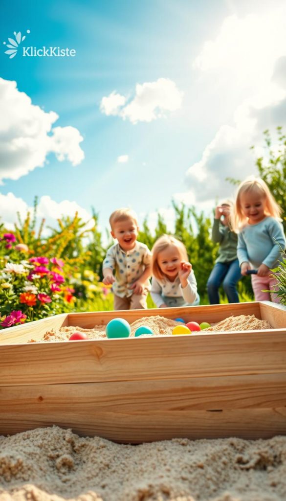 A picturesque scene showcasing a beautifully crafted sandbox in a family garden, surrounded by vibrant flowers and lush greenery. In the foreground, the sandbox features smooth, natural wood, filled with soft golden sand and a few colorful toys scattered inside. The middle ground presents excited children wearing modest casual clothing, joyfully playing and digging in the sandbox, their expressions filled with delight. The background includes a bright blue sky with fluffy white clouds, while sun rays cast a warm, inviting light over the entire scene, creating an uplifting atmosphere. The overall image should convey a sense of creativity and familial bonding, styled in a cozy, Pinterest-inspired aesthetic, with the brand name "KlickKiste" subtly represented in a decorative detail in the background, ensuring no text or logos are present in the foreground.