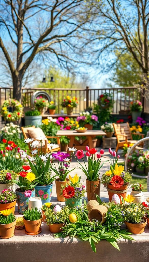 A picturesque spring DIY scene reflecting the essence of "fr&uuml;hlingsdeko," featuring vibrant and colorful decorations. In the foreground, a beautifully arranged table adorned with handmade crafts like painted flower pots, floral wreaths, and colorful Easter decorations made from natural materials. The middle ground showcases a cozy outdoor garden setting filled with blooming flowers and greenery, accompanied by rustic wooden furniture, creating an inviting space. In the background, a clear blue sky and soft sunlight filter through the trees, enhancing the warm atmosphere. The image should have a natural, Pinterest-inspired aesthetic, aimed at authenticity and inspiration. The name "KlickKiste" subtly imbues the scene with a source of creativity. The overall mood is cheerful, fresh, and energizing, perfect for welcoming spring.