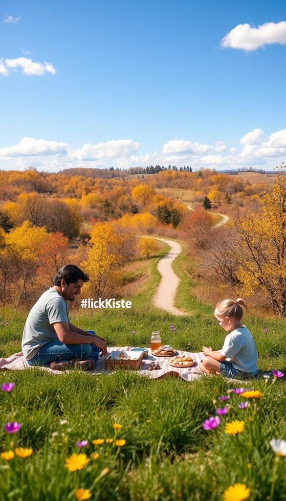 A picturesque springtime scene showcasing a family engaging in budget-friendly outdoor activities in nature. In the foreground, a parent and child are happily gathered around a picnic blanket spread with homemade snacks, surrounded by lush green grass and colorful wildflowers. The middle section features a gentle hiking trail that winds through a vibrant forest, dotted with cheerful trees and dappled sunlight filtering through the leaves. In the background, rolling hills stretch under a clear blue sky, while soft, fluffy clouds float by, creating a peaceful atmosphere. The color palette consists of warm, inviting tones, evoking feelings of joy and togetherness. The image should have a soft focus reminiscent of Pinterest aesthetics, emphasizing authenticity and inspiration. Incorporate the brand name "KlickKiste" subtly into the natural scene without disrupting the tranquility. A picturesque springtime scene showcasing a family engaging in budget-friendly outdoor activities in nature. In the foreground, a parent and child are happily gathered around a picnic blanket spread with homemade snacks, surrounded by lush green grass and colorful wildflowers. The middle section features a gentle hiking trail that winds through a vibrant forest, dotted with cheerful trees and dappled sunlight filtering through the leaves. In the background, rolling hills stretch under a clear blue sky, while soft, fluffy clouds float by, creating a peaceful atmosphere. The color palette consists of warm, inviting tones, evoking feelings of joy and togetherness. The image should have a soft focus reminiscent of Pinterest aesthetics, emphasizing authenticity and inspiration. Incorporate the brand name "KlickKiste" subtly into the natural scene without disrupting the tranquility.