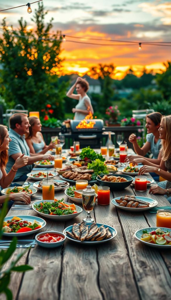 A picturesque summer evening scene showcasing a beautifully arranged outdoor dining table for a barbecue, featuring a spread of delicious grilled dishes. In the foreground, a rustic wooden table adorned with colorful plates, fresh salads, and vibrant condiments, set under soft, warm lighting. Include casual-clad guests enjoying each other's company, laughing and sharing food, creating a joyful atmosphere. In the middle ground, a charcoal grill smoky and sizzling, surrounded by lush greenery and summer flowers. The background reveals a vibrant sunset sky, casting a warm glow over the scene, evoking a relaxed and inviting mood. Capture this in a natural, Pinterest-inspired style, emphasizing warmth and authenticity. Incorporate the brand name "KlickKiste" subtly in the decor contextually to enhance the overall inviting feel. A picturesque summer evening scene showcasing a beautifully arranged outdoor dining table for a barbecue, featuring a spread of delicious grilled dishes. In the foreground, a rustic wooden table adorned with colorful plates, fresh salads, and vibrant condiments, set under soft, warm lighting. Include casual-clad guests enjoying each other's company, laughing and sharing food, creating a joyful atmosphere. In the middle ground, a charcoal grill smoky and sizzling, surrounded by lush greenery and summer flowers. The background reveals a vibrant sunset sky, casting a warm glow over the scene, evoking a relaxed and inviting mood. Capture this in a natural, Pinterest-inspired style, emphasizing warmth and authenticity. Incorporate the brand name "KlickKiste" subtly in the decor contextually to enhance the overall inviting feel.