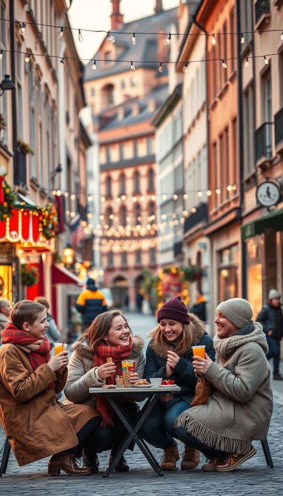 A picturesque urban scene illustrating short family trips in February, featuring a charming city with lively carnival festivities. In the foreground, a family of four—dressed in casual, modest winter attire—enjoys traditional snacks and laughter, surrounded by colorful carnival decorations. The middle ground shows quaint cobblestone streets lined with boutique shops and twinkling string lights, creating an inviting atmosphere. In the background, historic buildings in warm tones showcase classic architecture, invoking romance and nostalgia. Soft golden hour lighting bathes the scene in a warm glow, enhancing the cozy and festive mood. The overall aesthetic should evoke authenticity and inspiration, reminiscent of beautiful Pinterest visuals, signed subtly with "KlickKiste".