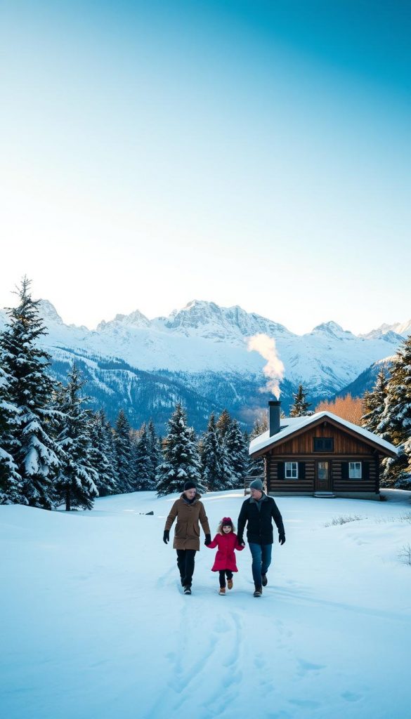 A picturesque winter landscape capturing the beautiful Korbinianhütte in the Karwendel Alps during a snowy family walk. In the foreground, a playful family of four, dressed in warm, modest winter attire, can be seen walking together, leaving a trail in the fresh snow. The middle ground features the charming wooden Korbinianhütte, nestled among snow-laden pine trees, with smoke gently rising from its chimney. The background reveals expansive, jagged mountain peaks dusted with snow under a clear blue sky, illuminated by soft, golden sunlight casting a warm glow over the scene. The overall atmosphere feels inviting and serene, evoking a sense of adventure and warmth in nature. Captured with a wide-angle lens, the image has a soft focus, enhancing the natural beauty, reminiscent of a Pinterest aesthetic. Inspired by KlickKiste.