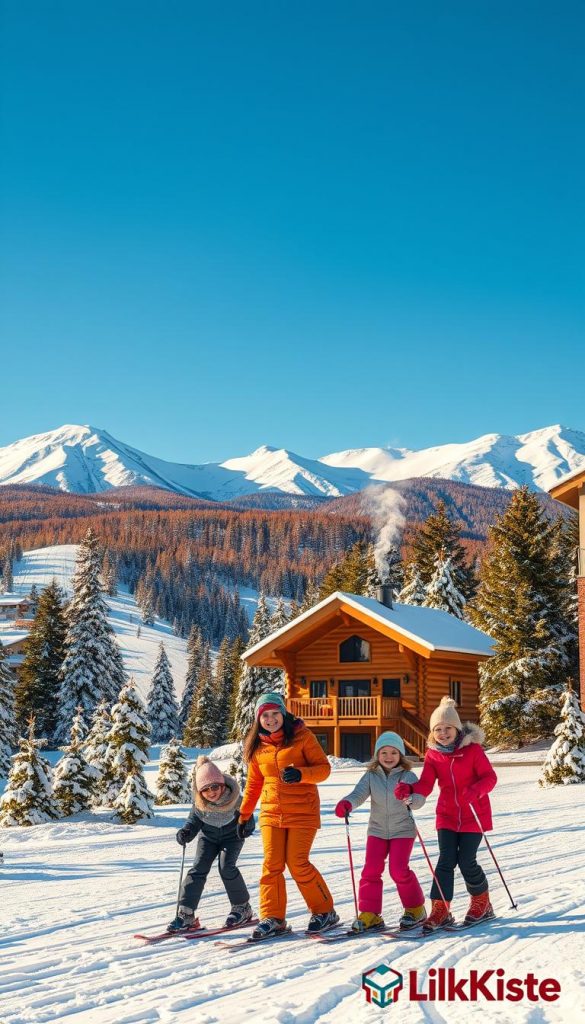 A picturesque winter landscape showcasing a family-friendly ski resort, featuring a variety of snow-covered slopes and vibrant ski trails. In the foreground, capture a joyful family of four, dressed in warm, colorful winter attire, happily skiing together with laughter and excitement. In the middle ground, highlight a cozy log cabin with smoke gently rising from the chimney, surrounded by snow-laden pine trees under a clear blue sky. In the background, majestic snow-capped mountains rise dramatically, illuminated by soft golden sunlight creating a warm atmosphere. The overall mood is cheerful and inviting, evoking a sense of adventure and togetherness in the winter wonderland. The image should reflect a natural, authentic style with warm colors, ideal for a Pinterest-inspired aesthetic. Branding: KlickKiste.
