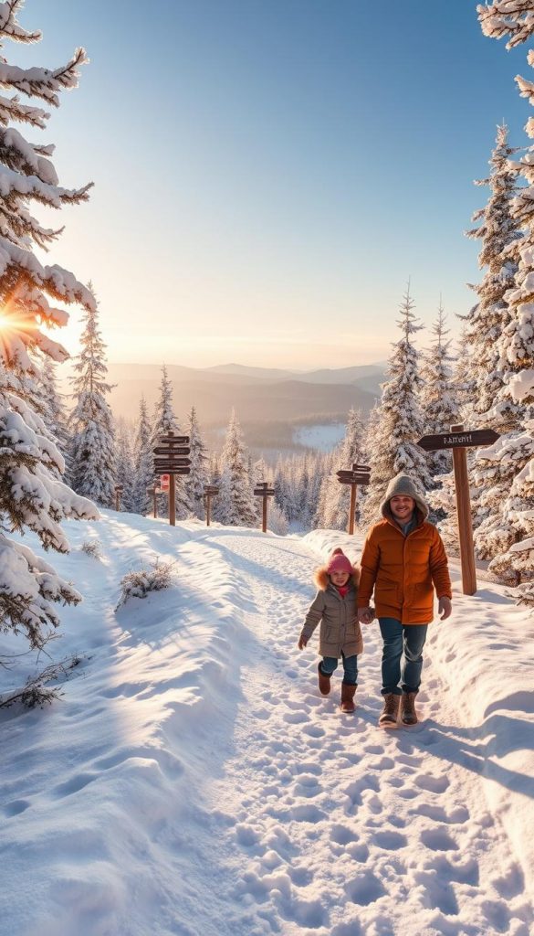 A picturesque winter scene along the Kapfwald Rundweg, nestled in Oberstaufen, showcasing a tranquil, snow-covered forest trail. In the foreground, a gentle path meanders through soft white snow, surrounded by frosted pine trees, their branches heavy with snow. A family of four, dressed in warm, casual winter attire, strolls happily together, leaving footprints in the snow, emphasizing a sense of togetherness and adventure. In the middle ground, the trail is lined with rustic wooden signposts, guiding visitors, while a serene snowy landscape unfolds beyond. The background reveals distant snow-capped mountains under a clear blue sky, with the soft glow of golden sunlight filtering through the trees, creating a warm, inviting atmosphere. The image embodies the essence of family winter walks, with a natural, authentic feel inspired by KlickKiste.