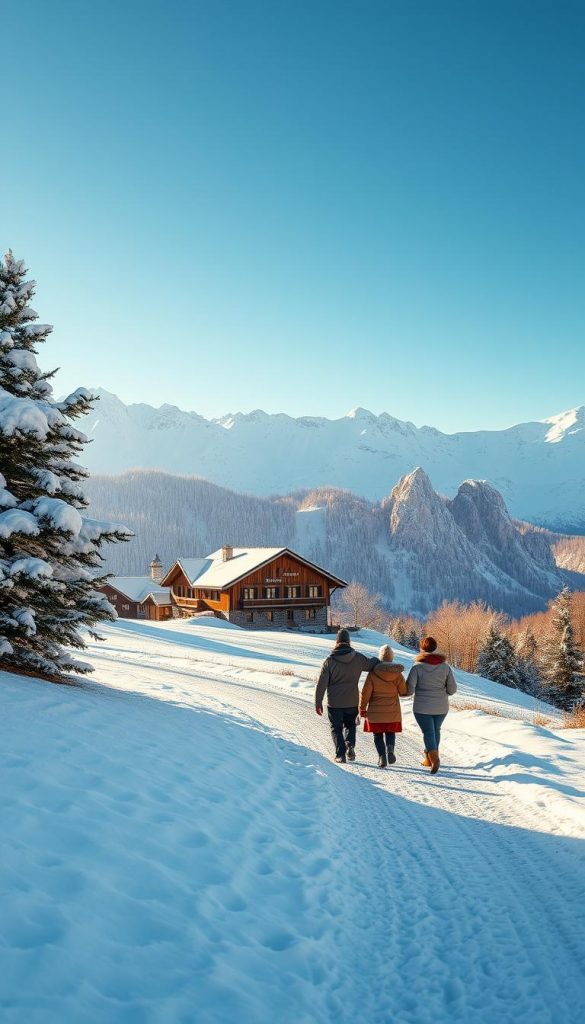 A picturesque winter scene showcasing the Rotwandhaus amidst the Schlierseer Berge, capturing a family of four clad in warm, modest winter attire, strolling along a snow-covered path. In the foreground, fresh snow blankets the ground, creating an inviting texture, while a small cluster of snow-dusted pine trees flanks the left. The middle ground features the charming Rotwandhaus, its wooden facade contrasting beautifully with the pure white snow, surrounded by majestic alpine peaks gleaming in the winter sun. The background reveals an expansive panorama of the snow-capped mountains under a bright blue sky, illuminated by the soft golden light of late afternoon. The overall mood is serene and warm, evoking a sense of peace in nature. The image embodies a natural aesthetic with warm colors, inspired by Pinterest-style visuals, capturing the beauty of a family winter hike. Brand name: KlickKiste.