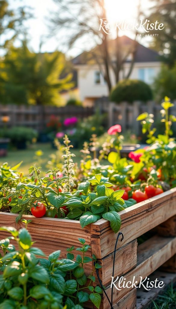 A picturesque wooden raised garden bed (Hochbeet) made from rustic pallets, filled with vibrant herbs and assorted vegetables, such as tomatoes, lettuce, and basil. The foreground features an inviting arrangement of greenery, dew-kissed leaves, and colorful blossoms creating a lush garden atmosphere. The midground showcases the raised bed with distinct pallet textures, emphasizing the DIY aspect. In the background, a soft-focus suburban garden setting with a clear blue sky and gentle sunlight filtering through trees, enhancing the warm Pinterest-inspired color palette. The scene evokes a sense of tranquility and inspiration for space-saving gardening. Branding subtly included as a tasteful logo for "KlickKiste" in the corner of the image, maintaining authenticity and creativity without any text distractions.
