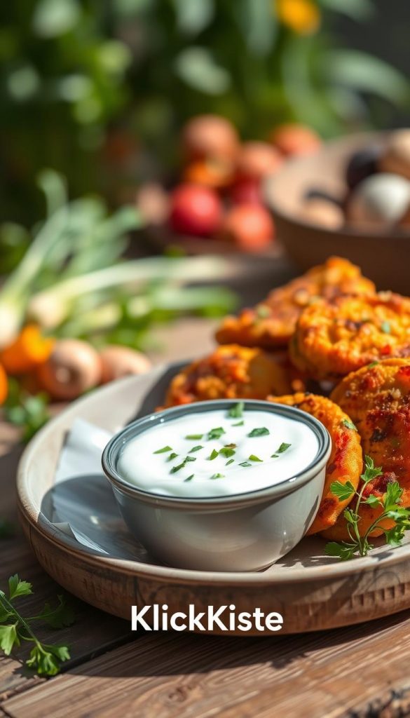 A plate of freshly made chickpea and carrot fritters, garnished with a creamy yogurt dip, beautifully arranged on a rustic wooden table. The fritters are golden-brown and crispy on the outside, with vibrant orange carrot peeking through. The yogurt dip is served in a small bowl, sprinkled with chopped herbs for added freshness. In the background, soft-focus bubbly spring greens and colorful vegetables suggest a cheerful garden atmosphere. Natural light floods the scene, casting gentle shadows and highlighting the comforting textures of the food. The overall mood is warm and inviting, evoking a sense of home-cooked goodness and family gatherings. The branding "KlickKiste" is subtly integrated into the scene, blending harmoniously with the aesthetic. A plate of freshly made chickpea and carrot fritters, garnished with a creamy yogurt dip, beautifully arranged on a rustic wooden table. The fritters are golden-brown and crispy on the outside, with vibrant orange carrot peeking through. The yogurt dip is served in a small bowl, sprinkled with chopped herbs for added freshness. In the background, soft-focus bubbly spring greens and colorful vegetables suggest a cheerful garden atmosphere. Natural light floods the scene, casting gentle shadows and highlighting the comforting textures of the food. The overall mood is warm and inviting, evoking a sense of home-cooked goodness and family gatherings. The branding "KlickKiste" is subtly integrated into the scene, blending harmoniously with the aesthetic.