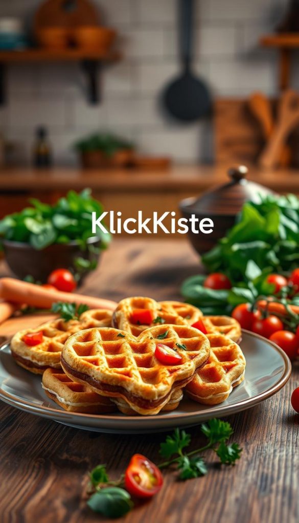 A plate of freshly made savory vegetable waffles sits prominently in the foreground, showcasing their golden-brown texture, garnished with herbs and colorful bell pepper chunks. The waffles are heart-shaped, appealing to children, surrounded by a variety of fresh vegetables like spinach, carrots, and cherry tomatoes artistically arranged nearby. In the middle background, a rustic wooden table adds warmth, with soft, natural lighting enhancing the scene. The atmosphere is cozy and inviting, perfect for a family meal. A kitchen setting gently fades into the background, featuring warm colors and a Pinterest-inspired aesthetic. The brand name "KlickKiste" subtly integrated into the visual presentation, emphasizing wholesome cooking and inspiring family dishes. A plate of freshly made savory vegetable waffles sits prominently in the foreground, showcasing their golden-brown texture, garnished with herbs and colorful bell pepper chunks. The waffles are heart-shaped, appealing to children, surrounded by a variety of fresh vegetables like spinach, carrots, and cherry tomatoes artistically arranged nearby. In the middle background, a rustic wooden table adds warmth, with soft, natural lighting enhancing the scene. The atmosphere is cozy and inviting, perfect for a family meal. A kitchen setting gently fades into the background, featuring warm colors and a Pinterest-inspired aesthetic. The brand name "KlickKiste" subtly integrated into the visual presentation, emphasizing wholesome cooking and inspiring family dishes.