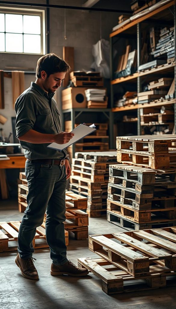 A professional, well-lit workshop scene featuring a person in modest casual clothing inspecting used wooden pallets. In the foreground, the individual holds a clipboard, meticulously checking for quality. The middle ground showcases a variety of pallets stacked at different angles, with some being disassembled, illustrating the upcycling process. The background captures shelves filled with tools and materials for DIY projects, infused with natural light from a nearby window, creating a warm and inviting atmosphere. The overall mood is inspirational and authentic, reflecting sustainability and creativity in building furniture. Include subtle branding elements of "KlickKiste" in the workspace design. Aim for a Pinterest-like aesthetic, emphasizing earthy tones and a sense of craftsmanship.