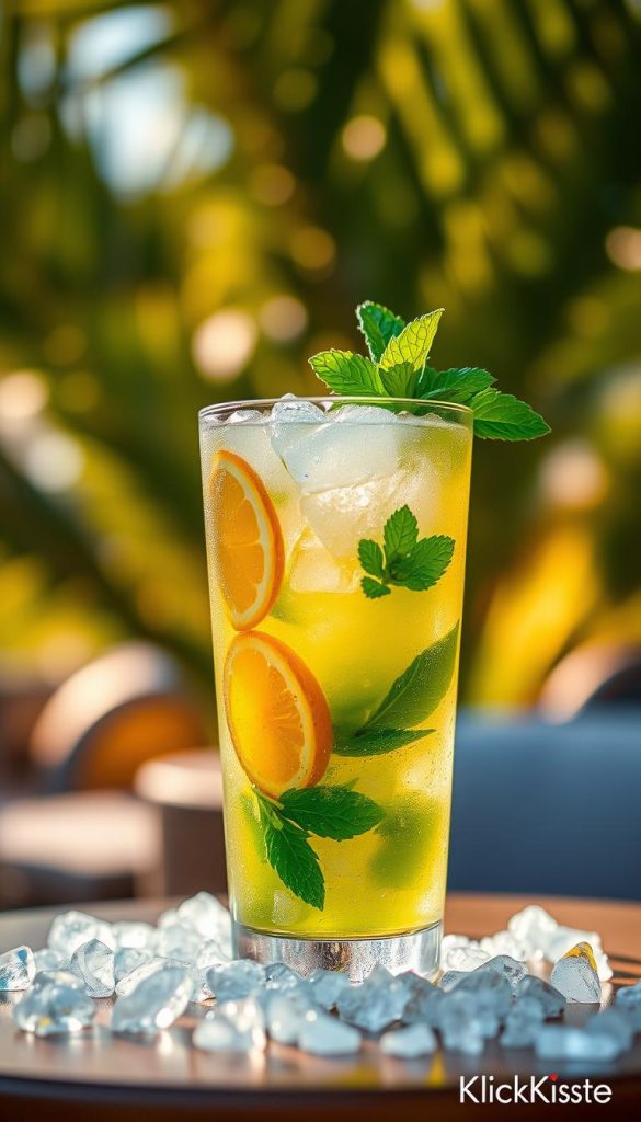 A refreshing Virgin Passionfruit Mojito in a stylish glass filled with crushed ice, garnished with fresh mint leaves and vibrant yellow passionfruit slices peeking through the glass. The drink should have a radiant green hue from the mint, with droplets of condensation forming on the exterior of the glass. In the background, softly blurred palm leaves and a sunny outdoor setting evoke a tropical atmosphere. The lighting is warm and inviting, mimicking golden hour to enhance the colorful tones of the drink. Capture the image from a slightly elevated angle to showcase the drink's vibrant details while maintaining a relaxing vibe. Ideal for a Pinterest aesthetic, emphasizing natural beauty and inspiration, branded as "KlickKiste". A refreshing Virgin Passionfruit Mojito in a stylish glass filled with crushed ice, garnished with fresh mint leaves and vibrant yellow passionfruit slices peeking through the glass. The drink should have a radiant green hue from the mint, with droplets of condensation forming on the exterior of the glass. In the background, softly blurred palm leaves and a sunny outdoor setting evoke a tropical atmosphere. The lighting is warm and inviting, mimicking golden hour to enhance the colorful tones of the drink. Capture the image from a slightly elevated angle to showcase the drink's vibrant details while maintaining a relaxing vibe. Ideal for a Pinterest aesthetic, emphasizing natural beauty and inspiration, branded as "KlickKiste".