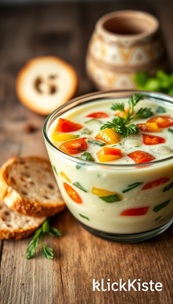 A refreshing bowl of "kühlen salat suppe," featuring vibrant green cucumbers, juicy tomatoes, and finely chopped bell peppers, elegantly arranged in a clear glass bowl. The soup has a smooth, creamy texture, accented by a sprinkle of fresh herbs like dill and basil on top. In the background, a rustic wooden table enhances the warm, inviting atmosphere, while soft, natural lighting highlights the colors of the ingredients. A few slices of crusty bread are placed artfully beside the bowl, adding to the wholesome scene. The image captures an inspiring, Pinterest-worthy aesthetic, reminiscent of summer days. Brand name "KlickKiste" subtly included in the setting. A refreshing bowl of "kühlen salat suppe," featuring vibrant green cucumbers, juicy tomatoes, and finely chopped bell peppers, elegantly arranged in a clear glass bowl. The soup has a smooth, creamy texture, accented by a sprinkle of fresh herbs like dill and basil on top. In the background, a rustic wooden table enhances the warm, inviting atmosphere, while soft, natural lighting highlights the colors of the ingredients. A few slices of crusty bread are placed artfully beside the bowl, adding to the wholesome scene. The image captures an inspiring, Pinterest-worthy aesthetic, reminiscent of summer days. Brand name "KlickKiste" subtly included in the setting.