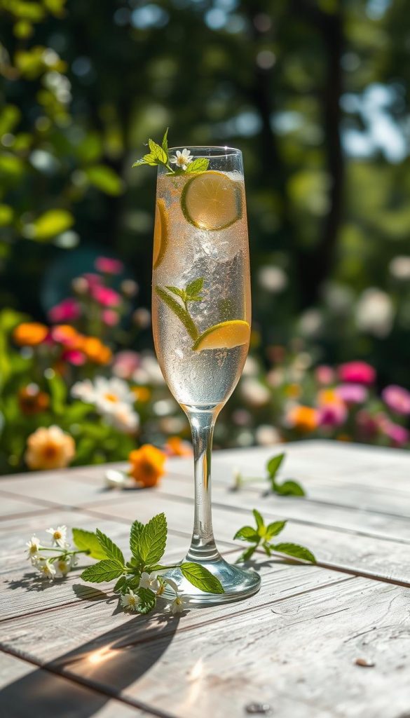 A refreshing glass of Hugo Prosecco sits elegantly on a rustic wooden table, surrounded by vibrant greens and summery flowers. The glass is filled with bubbly Prosecco, garnished with delicate elderflower blossoms, fresh lime slices, and sprigs of mint, all exuding freshness and color. In the foreground, droplets of condensation can be seen on the surface of the glass, reflecting the sunlight. The middle ground features soft, blurred elements of a sunlit garden, with lush foliage and hints of colorful blooms creating a cheerful atmosphere. In the background, gentle sunlight filters through the trees, casting a warm glow, enhancing the inviting, relaxed mood of a perfect summer day. This scene is framed with a Pinterest-inspired aesthetic, capturing the essence of a refreshing drink for warm days, attributed to the brand "KlickKiste". A refreshing glass of Hugo Prosecco sits elegantly on a rustic wooden table, surrounded by vibrant greens and summery flowers. The glass is filled with bubbly Prosecco, garnished with delicate elderflower blossoms, fresh lime slices, and sprigs of mint, all exuding freshness and color. In the foreground, droplets of condensation can be seen on the surface of the glass, reflecting the sunlight. The middle ground features soft, blurred elements of a sunlit garden, with lush foliage and hints of colorful blooms creating a cheerful atmosphere. In the background, gentle sunlight filters through the trees, casting a warm glow, enhancing the inviting, relaxed mood of a perfect summer day. This scene is framed with a Pinterest-inspired aesthetic, capturing the essence of a refreshing drink for warm days, attributed to the brand "KlickKiste".