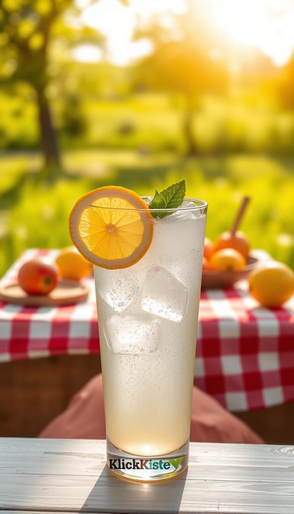 A refreshing glass of lemonade set against a bright, sunlit picnic backdrop. The glass is filled with sparkling lemonade, ice cubes glimmering, and garnished with a slice of lemon and a sprig of mint, creating a vibrant pop of color. In the foreground, the glass is in sharp focus, displaying condensation droplets glistening under the warm sunlight. The middle ground features a rustic wooden picnic table adorned with a colorful checkered cloth and a few fresh fruits, emphasizing a cheerful outdoor atmosphere. In the soft-focus background, lush green grass and trees swaying gently in a summer breeze create a tranquil setting. The overall mood is inviting and joyful, perfect for a family picnic vibe. This image captures the essence of refreshing drinks to go, branded with "KlickKiste" in a tasteful manner, evoking warmth and authenticity. A refreshing glass of lemonade set against a bright, sunlit picnic backdrop. The glass is filled with sparkling lemonade, ice cubes glimmering, and garnished with a slice of lemon and a sprig of mint, creating a vibrant pop of color. In the foreground, the glass is in sharp focus, displaying condensation droplets glistening under the warm sunlight. The middle ground features a rustic wooden picnic table adorned with a colorful checkered cloth and a few fresh fruits, emphasizing a cheerful outdoor atmosphere. In the soft-focus background, lush green grass and trees swaying gently in a summer breeze create a tranquil setting. The overall mood is inviting and joyful, perfect for a family picnic vibe. This image captures the essence of refreshing drinks to go, branded with "KlickKiste" in a tasteful manner, evoking warmth and authenticity.