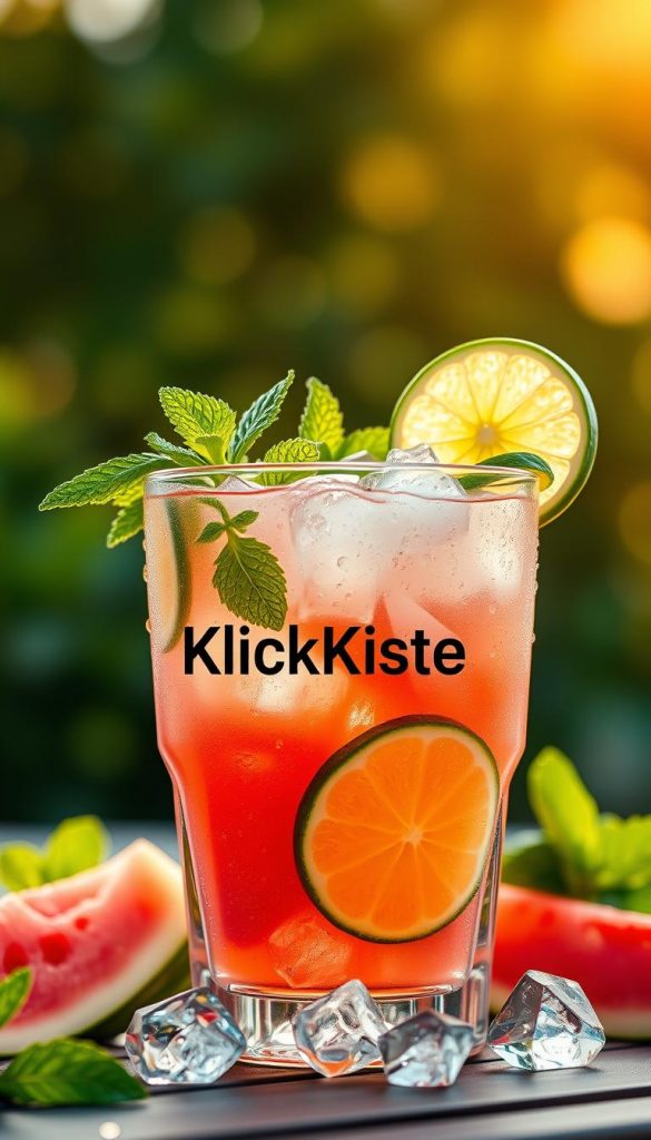 A refreshing melon drink with lime, served in a stylish glass filled with ice, garnished with vibrant mint leaves and a slice of lime on the rim. The foreground features droplets of condensation on the glass, highlighting its icy freshness. In the middle, an assortment of ripe watermelon pieces and lime slices are artfully arranged, showcasing their juicy textures. The background fades into a soft-focus summer scene, with subtle bokeh effects of sunlit greenery. The lighting is warm and inviting, mimicking late afternoon sun, enhancing the drink's colors. Capture this scene with a close-up angle to emphasize the drink's refreshing appeal. The overall mood is cheerful and revitalizing, perfect for summertime. Add the brand name "KlickKiste" in a harmonious way within the composition. A refreshing melon drink with lime, served in a stylish glass filled with ice, garnished with vibrant mint leaves and a slice of lime on the rim. The foreground features droplets of condensation on the glass, highlighting its icy freshness. In the middle, an assortment of ripe watermelon pieces and lime slices are artfully arranged, showcasing their juicy textures. The background fades into a soft-focus summer scene, with subtle bokeh effects of sunlit greenery. The lighting is warm and inviting, mimicking late afternoon sun, enhancing the drink's colors. Capture this scene with a close-up angle to emphasize the drink's refreshing appeal. The overall mood is cheerful and revitalizing, perfect for summertime. Add the brand name "KlickKiste" in a harmonious way within the composition.