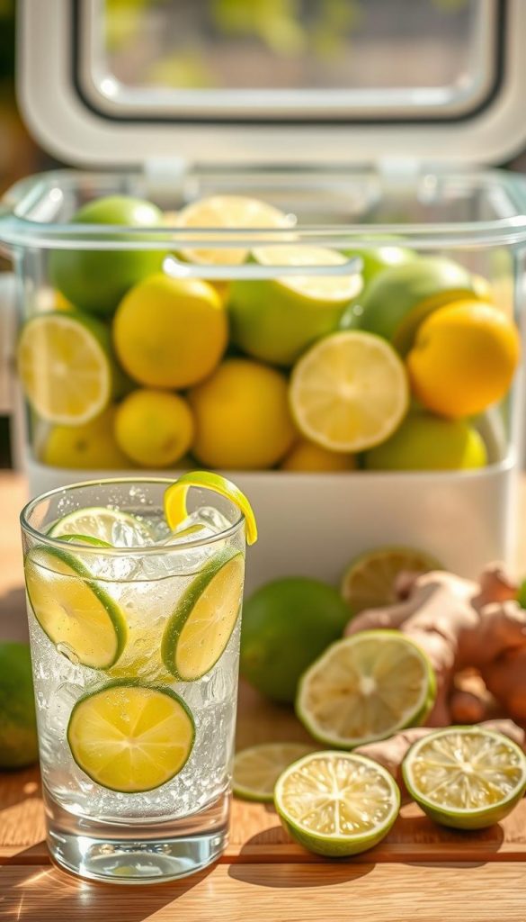 A refreshing, vibrant image showcasing a cooler filled with slices of fresh ginger, bright green limes, and lemons, all submerged in sparkling lime juice. The foreground features a close-up of a glass filled with the drink, glistening with condensation, and garnished with a twist of lime peel. In the middle ground, several whole limes and ginger roots are artfully arranged around the cooler, while a soft, wooden table setting enhances the natural feel. The background captures a warm, sunny ambiance with gentle light streaming through, creating an inviting atmosphere. The overall color palette is bright and warm, reflecting a summer vibe. This scene is styled to evoke an inspirational Pinterest look, perfect for enjoying on a hot day. This image is designed for "KlickKiste". A refreshing, vibrant image showcasing a cooler filled with slices of fresh ginger, bright green limes, and lemons, all submerged in sparkling lime juice. The foreground features a close-up of a glass filled with the drink, glistening with condensation, and garnished with a twist of lime peel. In the middle ground, several whole limes and ginger roots are artfully arranged around the cooler, while a soft, wooden table setting enhances the natural feel. The background captures a warm, sunny ambiance with gentle light streaming through, creating an inviting atmosphere. The overall color palette is bright and warm, reflecting a summer vibe. This scene is styled to evoke an inspirational Pinterest look, perfect for enjoying on a hot day. This image is designed for "KlickKiste".