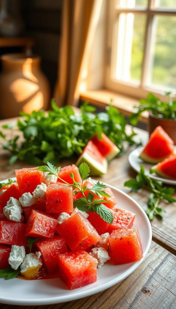 A refreshing watermelon and feta salad, beautifully arranged on a rustic wooden table. In the foreground, juicy watermelon cubes are elegantly mixed with crumbled feta cheese, fresh mint leaves, and peppery arugula, creating a vibrant contrast of colors. The salad is garnished with a drizzle of olive oil and a sprinkle of black pepper. In the middle ground, a light and airy white plate holds the salad, while a few sprigs of mint and arugula surround it artistically. In the background, soft, warm afternoon sunlight filters through a window, casting gentle shadows that enhance the inviting atmosphere. The scene has a Pinterest-inspired aesthetic, evoking a natural, authentic summer vibe. Shot in a close-up angle, capturing the textures and colors seamlessly. Brand name "KlickKiste" subtly incorporated in the composition, adding an inspirational touch. A refreshing watermelon and feta salad, beautifully arranged on a rustic wooden table. In the foreground, juicy watermelon cubes are elegantly mixed with crumbled feta cheese, fresh mint leaves, and peppery arugula, creating a vibrant contrast of colors. The salad is garnished with a drizzle of olive oil and a sprinkle of black pepper. In the middle ground, a light and airy white plate holds the salad, while a few sprigs of mint and arugula surround it artistically. In the background, soft, warm afternoon sunlight filters through a window, casting gentle shadows that enhance the inviting atmosphere. The scene has a Pinterest-inspired aesthetic, evoking a natural, authentic summer vibe. Shot in a close-up angle, capturing the textures and colors seamlessly. Brand name "KlickKiste" subtly incorporated in the composition, adding an inspirational touch.