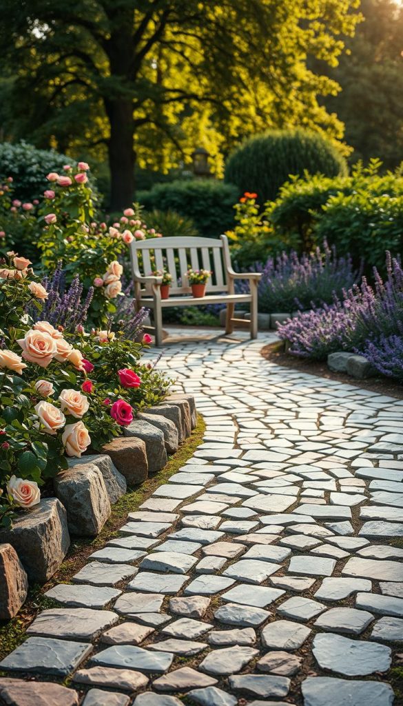 A romantic garden pathway made of intricately arranged natural stone mosaics, showcasing a blend of earthy tones like warm browns, soft greys, and mossy greens. In the foreground, the textured stones are detailed and clearly laid out, creating a winding path through a lush garden. Surrounding the path, vibrant flower beds burst with color, featuring blooming roses and lavender. In the middle ground, a small rustic wooden bench sits invitingly beside the path, adorned with potted plants. The background features softly blurred trees and shrubs, allowing sunlight to filter through, casting soft warm light over the scene. The atmosphere is serene and inspiring, embodying a Pinterest-worthy DIY aesthetic. Image by KlickKiste, captured from a slightly elevated angle for depth. A romantic garden pathway made of intricately arranged natural stone mosaics, showcasing a blend of earthy tones like warm browns, soft greys, and mossy greens. In the foreground, the textured stones are detailed and clearly laid out, creating a winding path through a lush garden. Surrounding the path, vibrant flower beds burst with color, featuring blooming roses and lavender. In the middle ground, a small rustic wooden bench sits invitingly beside the path, adorned with potted plants. The background features softly blurred trees and shrubs, allowing sunlight to filter through, casting soft warm light over the scene. The atmosphere is serene and inspiring, embodying a Pinterest-worthy DIY aesthetic. Image by KlickKiste, captured from a slightly elevated angle for depth.