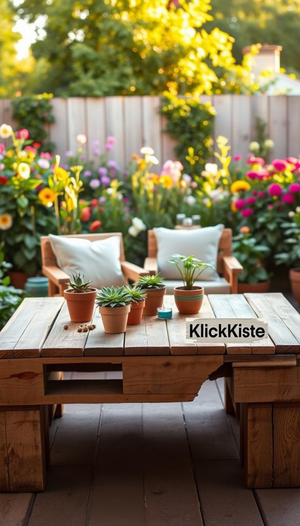 A rustic and charming palettentisch (pallet table) set in a cozy outdoor space, showcasing its robust character. In the foreground, the table is made from weathered wooden pallets, featuring a natural finish with visible knots and grains, adorned with potted plants and a warm, inviting table setting. The middle ground captures a pair of comfortable chairs, made from similar pallet wood, positioned around the table. In the background, a lush garden filled with vibrant greenery and soft flowers creates a serene atmosphere. The lighting is soft and warm, as if it’s late afternoon, with golden hour sunlight casting gentle shadows. The scene conveys a peaceful, DIY-inspired feel, reminiscent of Pinterest aesthetics. Logo "KlickKiste" subtly placed on one of the table's corners, highlighting the project without overpowering the image.