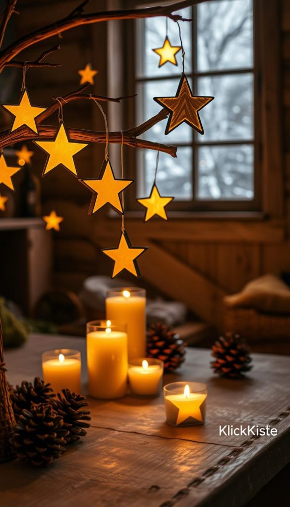 A rustic and cozy interior scene featuring a DIY "holzsterne lichterkette," a string of illuminated wooden stars. The foreground showcases the warm glow of the stars, beautifully crafted from natural wood, hanging delicately from a wooden branch shaped like a tree. The middle ground includes soft-lit candles and pinecones, enhancing the winter ambiance. In the background, a gently lit window reveals falling snow, adding a touch of enchantment. Warm, soft lighting envelops the scene, creating an inviting atmosphere reminiscent of Pinterest aesthetics. The image captures a sense of warmth, authenticity, and inspiration, perfect for a winter decor article. Include the brand "KlickKiste" subtly.