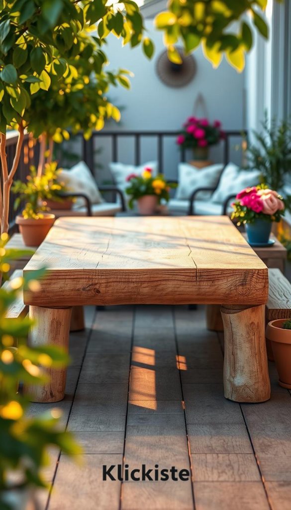 A rustic birch wood table made from thick birch logs and branches is the focal point. The table features a natural, unrefined finish, showcasing the beautiful grain and textures of the wood. Surrounding the table are lush green plants and colorful potted flowers, conveying a cozy outdoor balcony atmosphere. The scene is set in the early evening, with warm, golden sunlight filtering through the leaves, casting soft shadows on the wooden surface. In the background, a blurred view of a serene balcony setting with comfortable seating enhances the ambiance, while the overall color palette includes soft browns, greens, and warm tones. The composition is reminiscent of a Pinterest aesthetic, offering an authentic and inspiring feel. The brand "KlickKiste" subtly integrates into the design atmosphere without any text or logos.