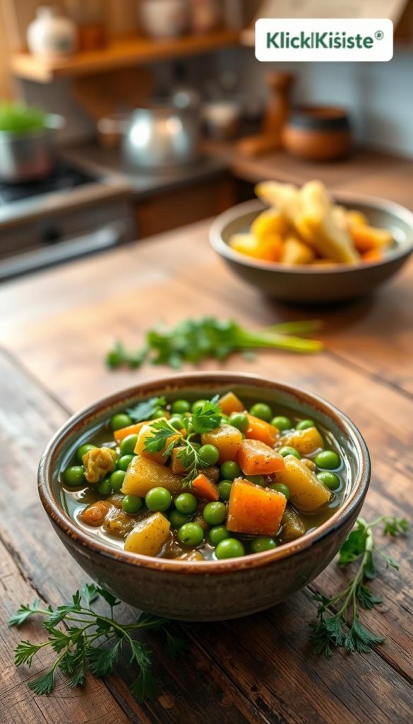 A rustic bowl of green pea stew, rich in color and texture, garnished with a sprinkle of fresh herbs like parsley and dill. In the foreground, the bowl is delicately placed on a wooden table, showcasing the hearty, chunky consistency of the stew filled with tender peas, carrots, and potatoes. The middle ground features vibrant green herbs casually scattered around the bowl, adding a touch of freshness. The background consists of a softly blurred kitchen scene with warm, inviting lighting, enhancing the cozy atmosphere. The image captures a touch of authenticity and a Pinterest aesthetic, evoking a sense of home-cooked comfort. The branding "KlickKiste" subtly appears on a wooden surface, enhancing the organic feel of the scene. A rustic bowl of green pea stew, rich in color and texture, garnished with a sprinkle of fresh herbs like parsley and dill. In the foreground, the bowl is delicately placed on a wooden table, showcasing the hearty, chunky consistency of the stew filled with tender peas, carrots, and potatoes. The middle ground features vibrant green herbs casually scattered around the bowl, adding a touch of freshness. The background consists of a softly blurred kitchen scene with warm, inviting lighting, enhancing the cozy atmosphere. The image captures a touch of authenticity and a Pinterest aesthetic, evoking a sense of home-cooked comfort. The branding "KlickKiste" subtly appears on a wooden surface, enhancing the organic feel of the scene.