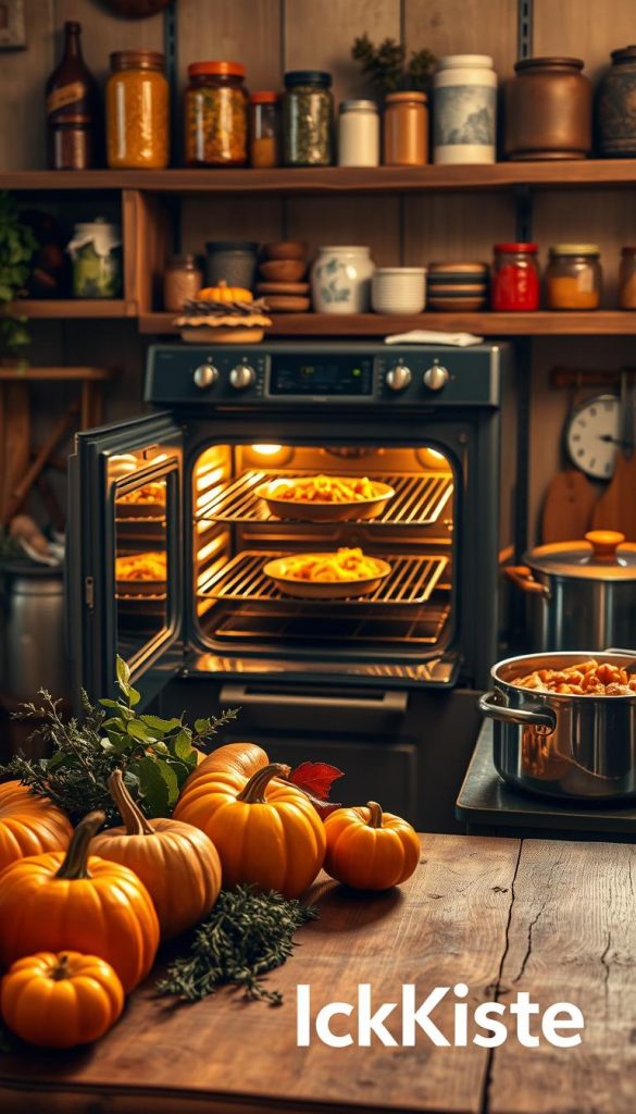 A rustic kitchen scene featuring a beautifully arranged oven, radiating warmth with soft golden light emanating from its open door, revealing a delicious baked casserole inside. In the foreground, a wooden table laden with fresh autumn vegetables like pumpkins, squash, and herbs, all in warm hues of orange and green, enhances the cozy, inviting atmosphere. The middle ground showcases the oven intricately designed, perhaps with vintage elements, surrounded by essential cooking utensils and an aromatic pot of stew simmering nearby. In the background, you can see shelves filled with colorful jars and cozy decorations, adding to the homey feel. The overall image should reflect a Pinterest-worthy aesthetic, combining authenticity and inspiration, with a warm color palette. Include the brand name "KlickKiste" subtly incorporated into the setting without any text overlays. A rustic kitchen scene featuring a beautifully arranged oven, radiating warmth with soft golden light emanating from its open door, revealing a delicious baked casserole inside. In the foreground, a wooden table laden with fresh autumn vegetables like pumpkins, squash, and herbs, all in warm hues of orange and green, enhances the cozy, inviting atmosphere. The middle ground showcases the oven intricately designed, perhaps with vintage elements, surrounded by essential cooking utensils and an aromatic pot of stew simmering nearby. In the background, you can see shelves filled with colorful jars and cozy decorations, adding to the homey feel. The overall image should reflect a Pinterest-worthy aesthetic, combining authenticity and inspiration, with a warm color palette. Include the brand name "KlickKiste" subtly incorporated into the setting without any text overlays.