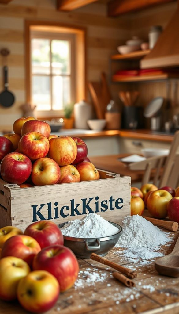 A rustic kitchen setting featuring budget-friendly apples, arranged in a wooden crate labeled "KlickKiste". In the foreground, a vibrant assortment of fresh apples in various shades of red and green, placed alongside simple kitchen utensils like a wooden spoon and a cutting board. The middle ground shows a warm, inviting kitchen counter with ingredients for apple recipes—flour, sugar, and cinnamon scattered artistically. In the background, soft sunlight streams through a window, casting a gentle glow that enhances the warm colors of the scene. Convey an atmosphere of homely warmth and inspiration, reminiscent of a cozy family cooking session, with a Pinterest-worthy aesthetic. The overall composition should be inviting, engaging, yet budget-conscious. A rustic kitchen setting featuring budget-friendly apples, arranged in a wooden crate labeled "KlickKiste". In the foreground, a vibrant assortment of fresh apples in various shades of red and green, placed alongside simple kitchen utensils like a wooden spoon and a cutting board. The middle ground shows a warm, inviting kitchen counter with ingredients for apple recipes—flour, sugar, and cinnamon scattered artistically. In the background, soft sunlight streams through a window, casting a gentle glow that enhances the warm colors of the scene. Convey an atmosphere of homely warmth and inspiration, reminiscent of a cozy family cooking session, with a Pinterest-worthy aesthetic. The overall composition should be inviting, engaging, yet budget-conscious.